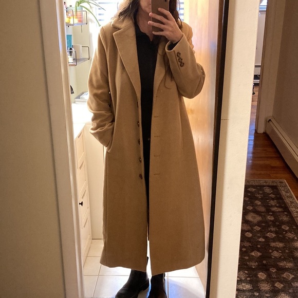 Vintage Wool Blend Long Tan Camel Coat Button Down Trench Oversized Jacket - Picture 14 of 14